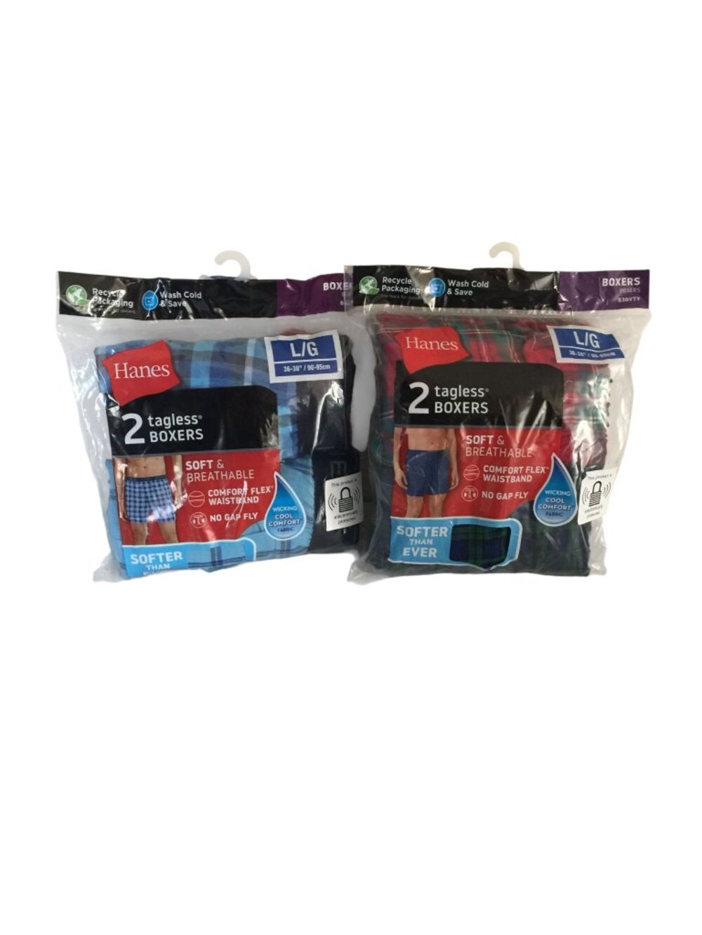 Hanes Men's Tagless Boxer L 36-38" Plaid Red Blue Green 4 Pairs